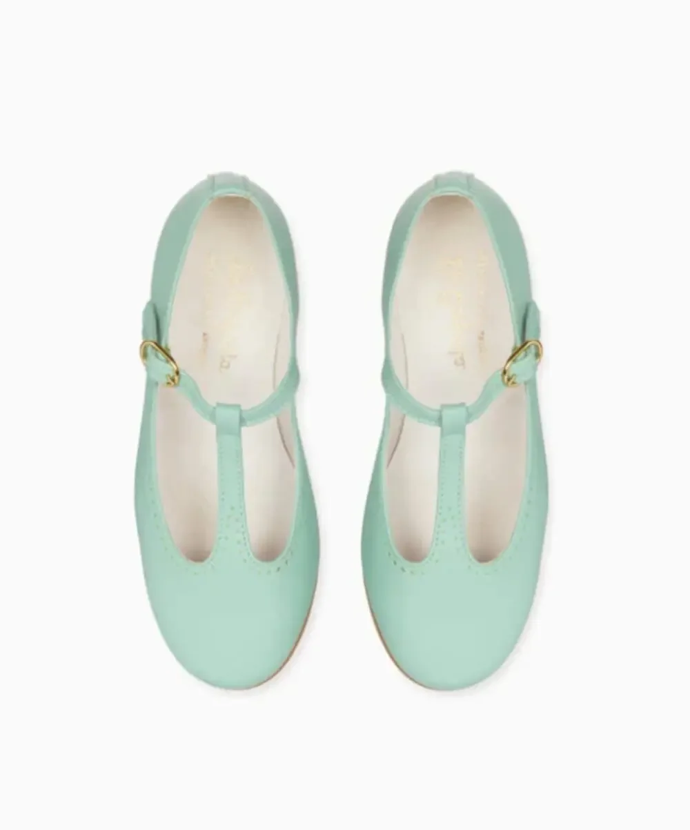 La Coqueta Pale Green Leather Girl T-Bar Shoes